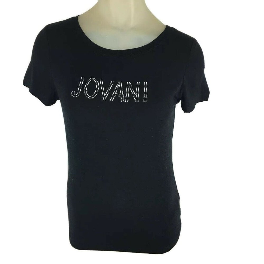 Jovani Woman’s rhinestone Graphic shirt Tee Black Short Sleeve size 2 XS new